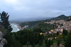 View of Taormina from the Ancient Greek Theatre in Sicily, Italy