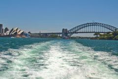 Sydney Harbour Bridge and Opera House taken from a ferry in Sydney, Australia