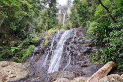 Layered Rainforest Waterfall Over Dark Rock