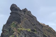 PR1 Vereda do Areeiro stairway on volcanic spire below Pico do Areeiro, Central Mountains, Madeira, Portugal