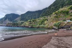 Black Sand Beach beneath Clouded Cliffs, North Madeira
