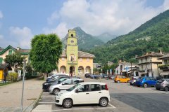 Mountain Village Square with Town Hall and Clock Tower