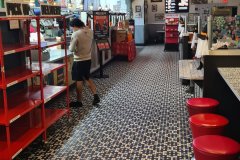 Retro American Diner Interior with Neon Signage, Suburban United States