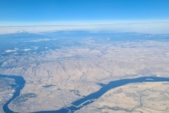 Wide Aerial Panorama of the Columbia River Gorge with Cascade Volcanoes on the Horizon