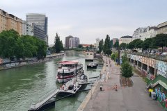 Danube Canal Riverfront with Moored Boat, Vienna, Austria