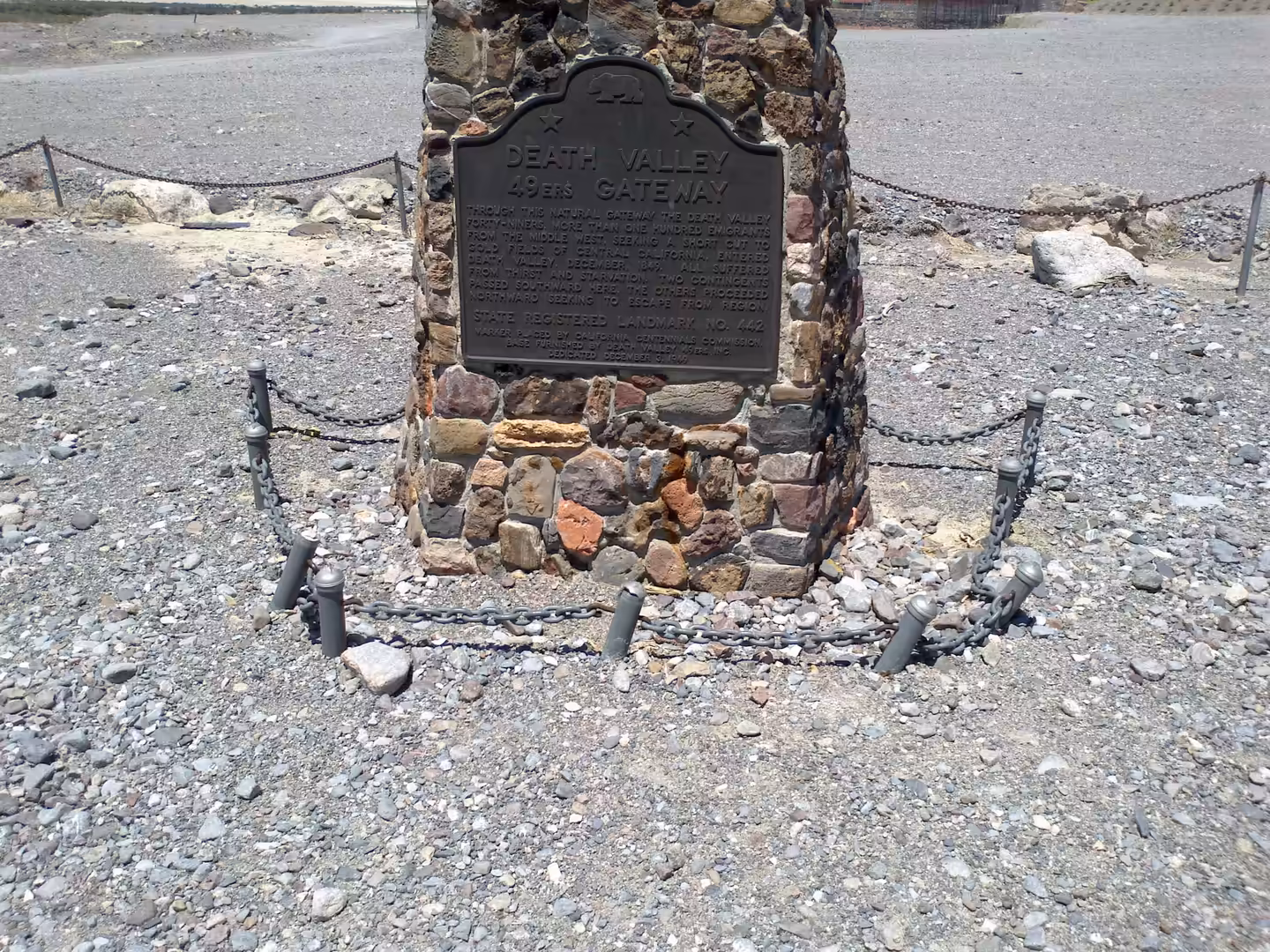 Stone monument marking the Death Valley 49ers Gateway in Death Valley National Park