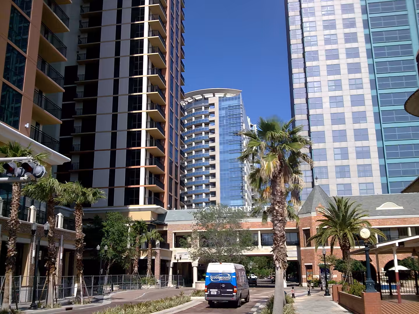 High-rise buildings and palm trees in the Church Street area of downtown Orlando, Florida.