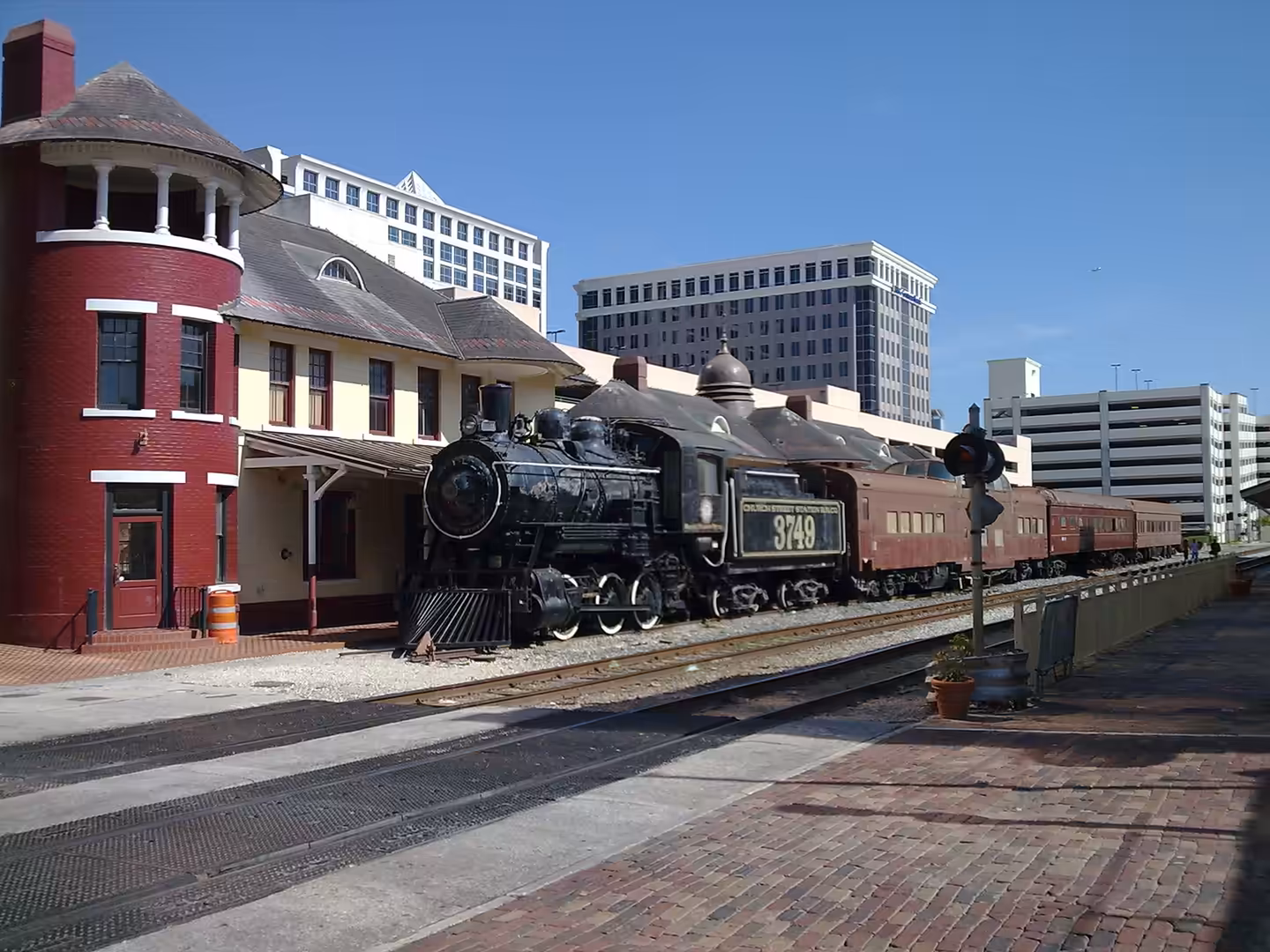Historic steam locomotive at Church Street Station in downtown Orlando, Florida.