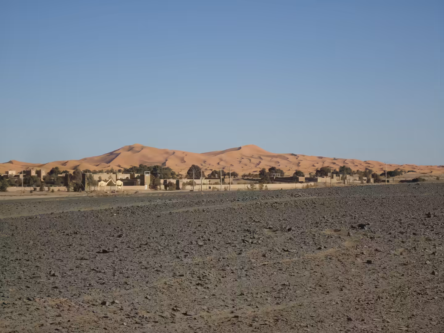 Rocky desert foreground with a small settlement and palm trees at the edge of large sand dunes under a clear sky.