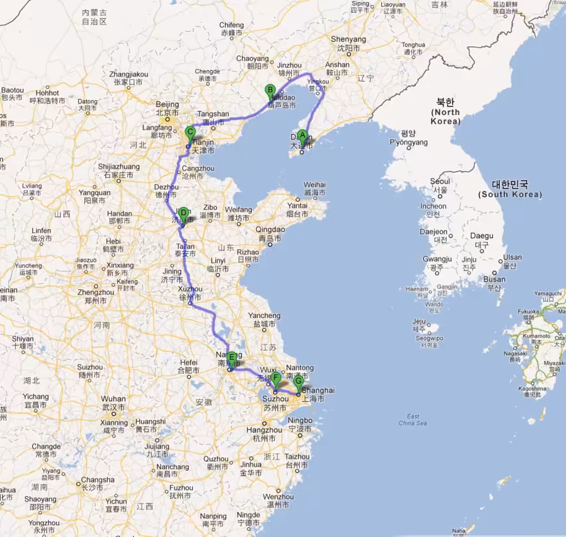 Map of eastern China showing a travel route marked by a blue line and green lettered stops, running from northeastern China southward to Shanghai and Suzhou.