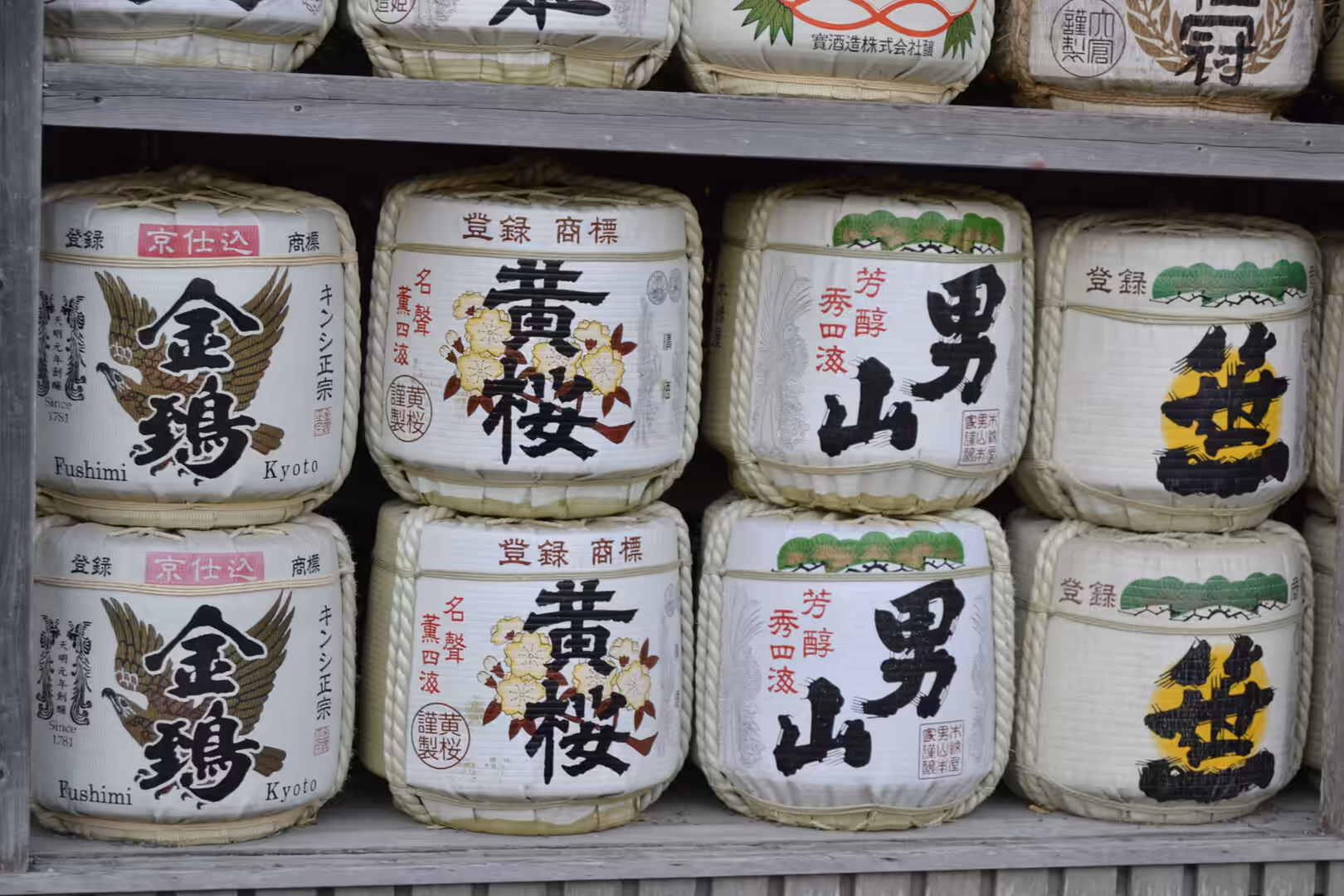 White ceremonial sake barrels wrapped in straw and painted with Japanese calligraphy are stacked on wooden shelves.