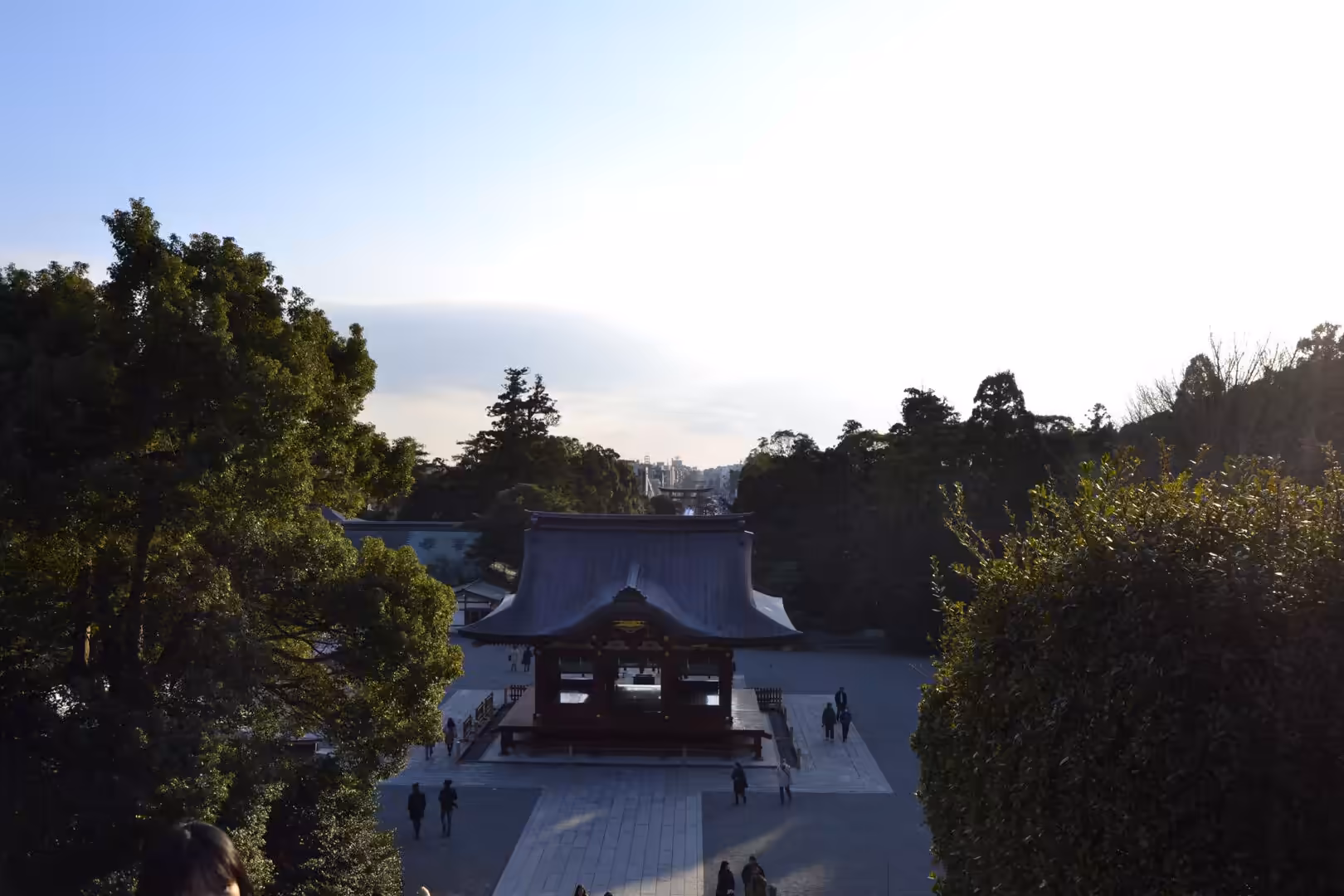 From a hillside, a temple hall with a dark hipped roof sits in a courtyard ringed by trees.