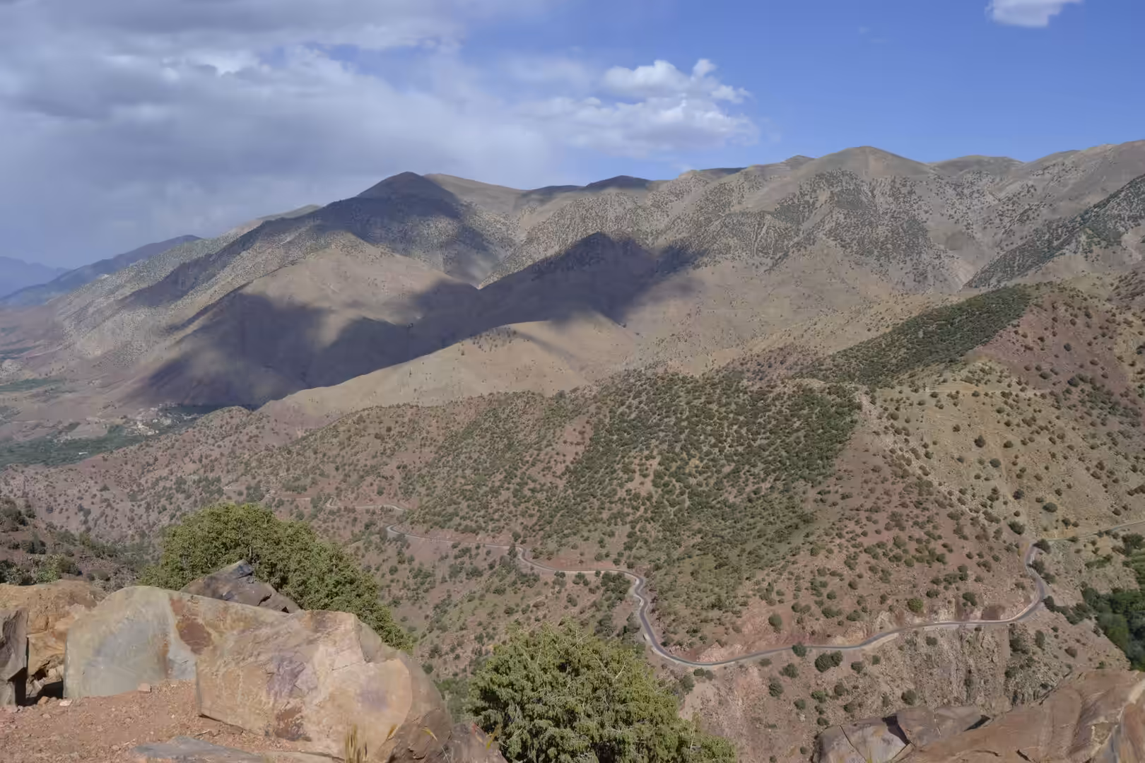 Mountain ridges and winding road in the Atlas Mountains