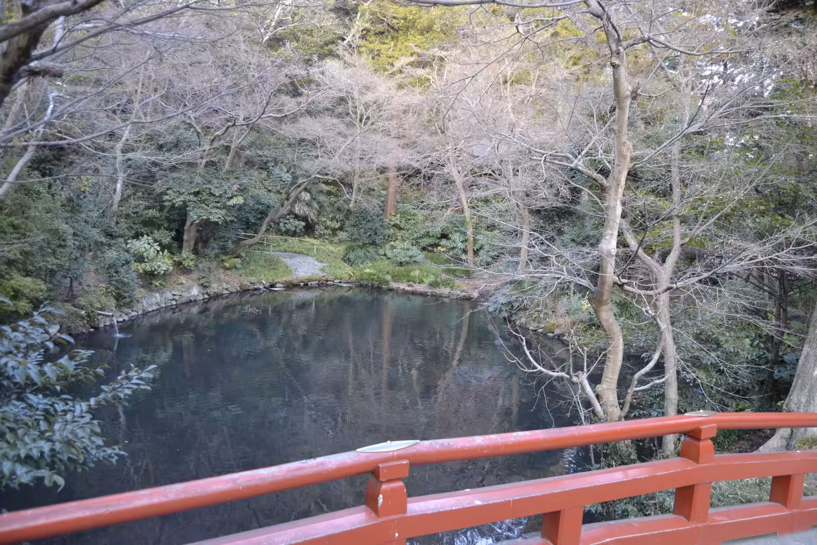 A quiet garden pond mirrors bare winter trees beneath a red wooden bridge railing.