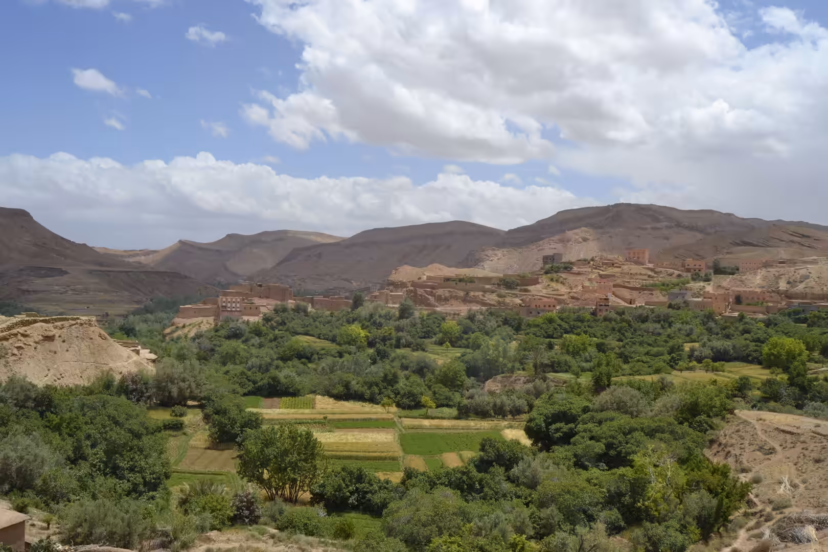 Green oasis farmland and villages beneath desert mountains