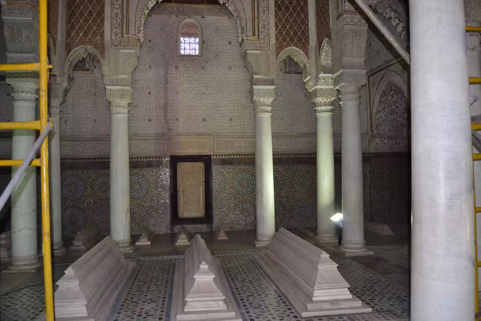 Interior burial chamber with marble columns at the Saadian Tombs