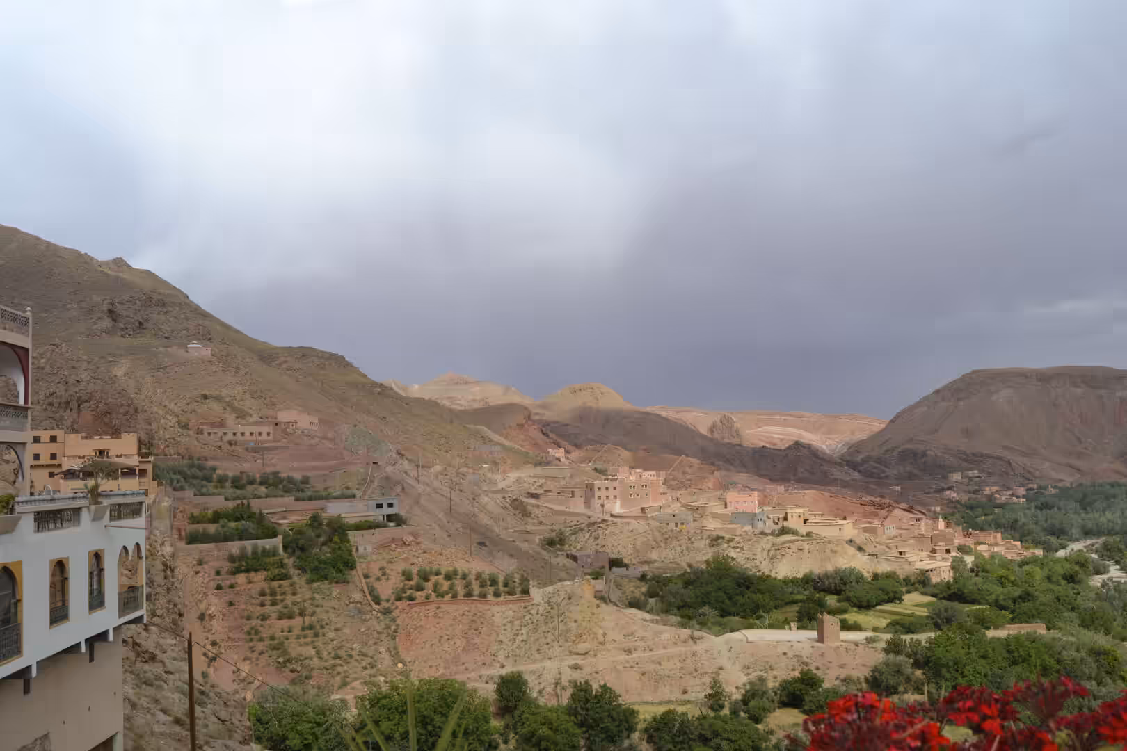 Atlas Mountains valley with village and terraced hills