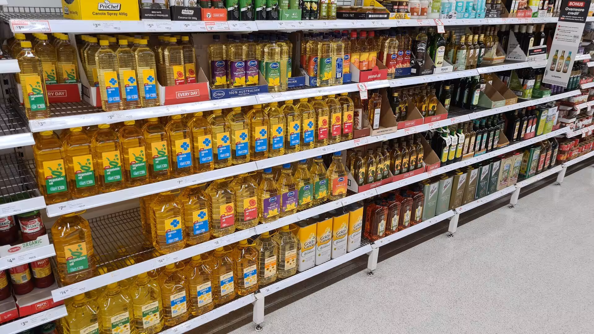 Rows of canola and olive oil bottles line a supermarket aisle.