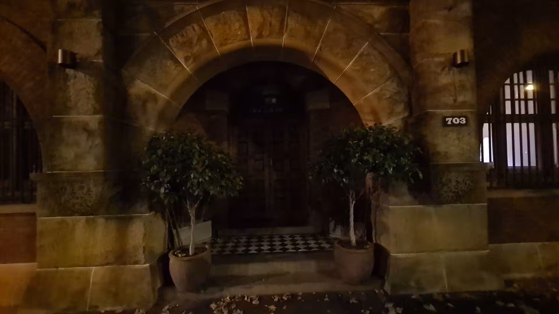 A rounded sandstone arch frames the doorway of a dark, number 703 building.