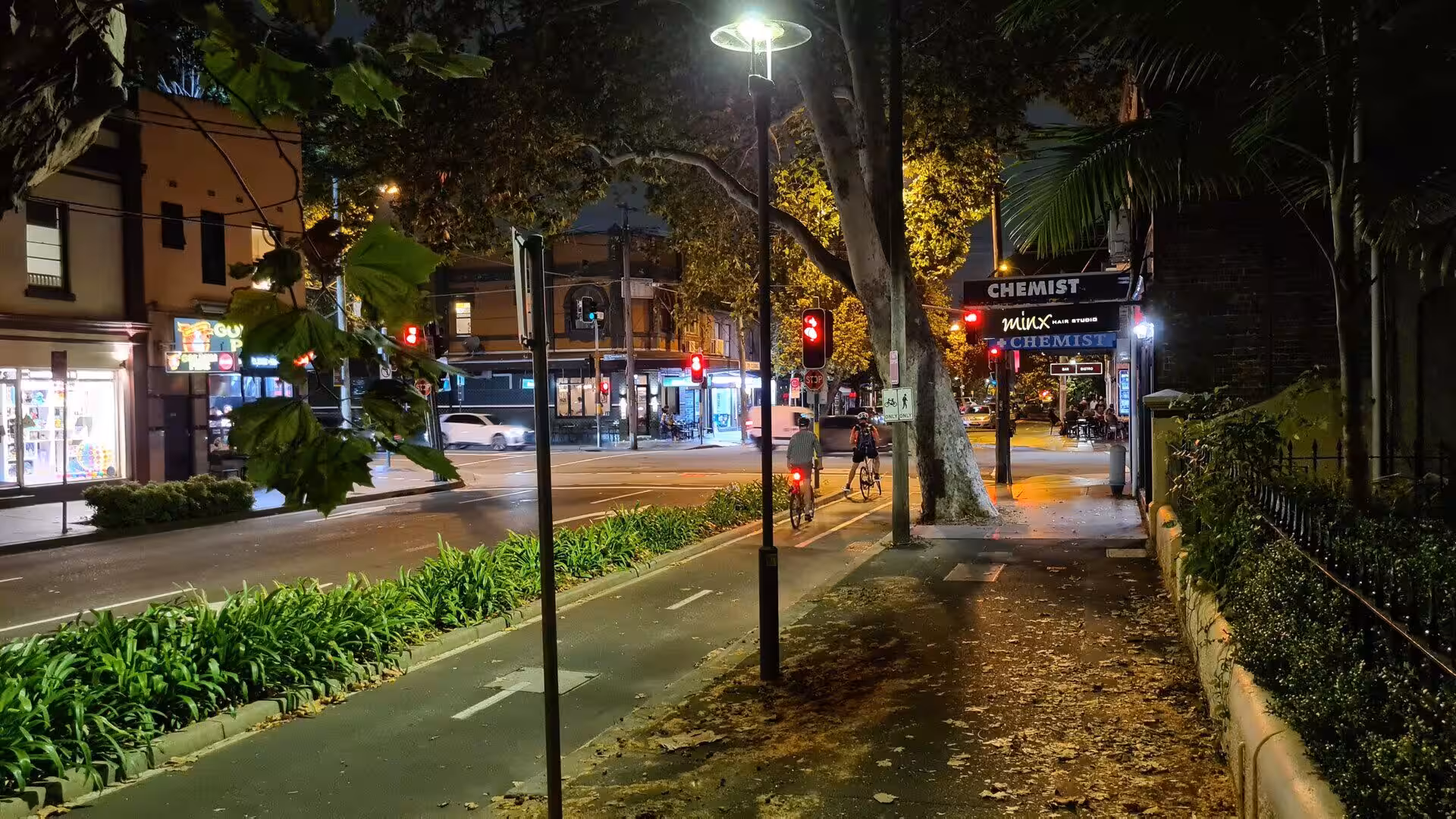 Tree-lined corner at night busy with cyclists, traffic lights and shop signs