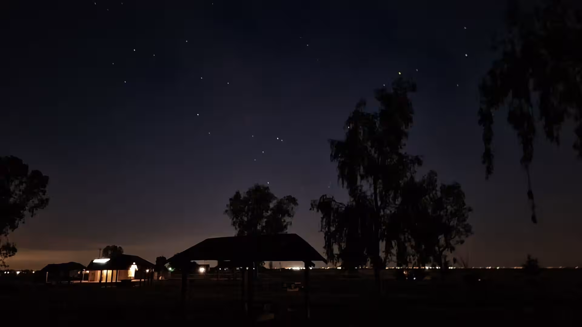 A starry night sky above the silhouettes of trees and a softly lit shelter.