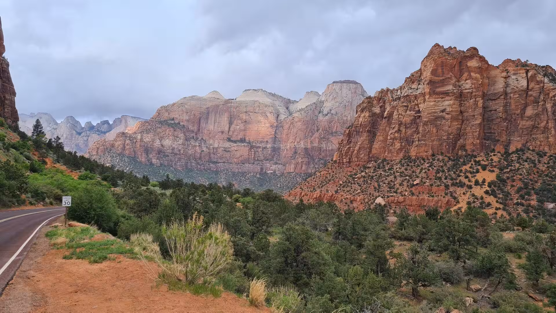 Massive red rock walls and mesas loom over a tree-lined road below.