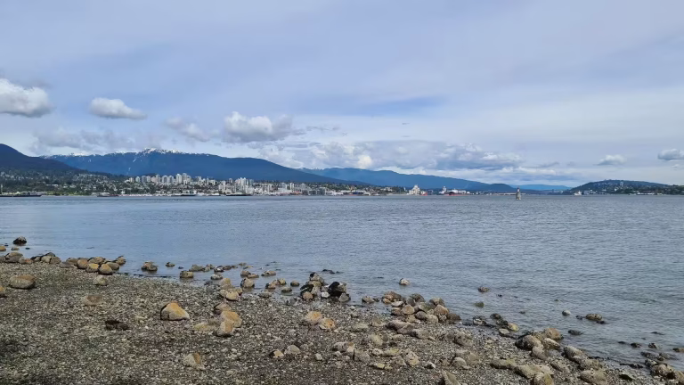A pebble beach in the foreground looks across calm water toward a distant city skyline and snow-capped mountains.