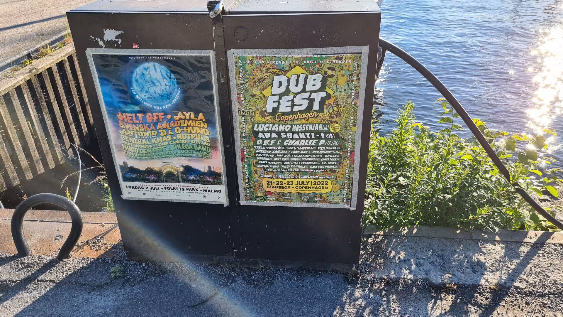 Two colourful music-festival posters hang on a board by the water.
