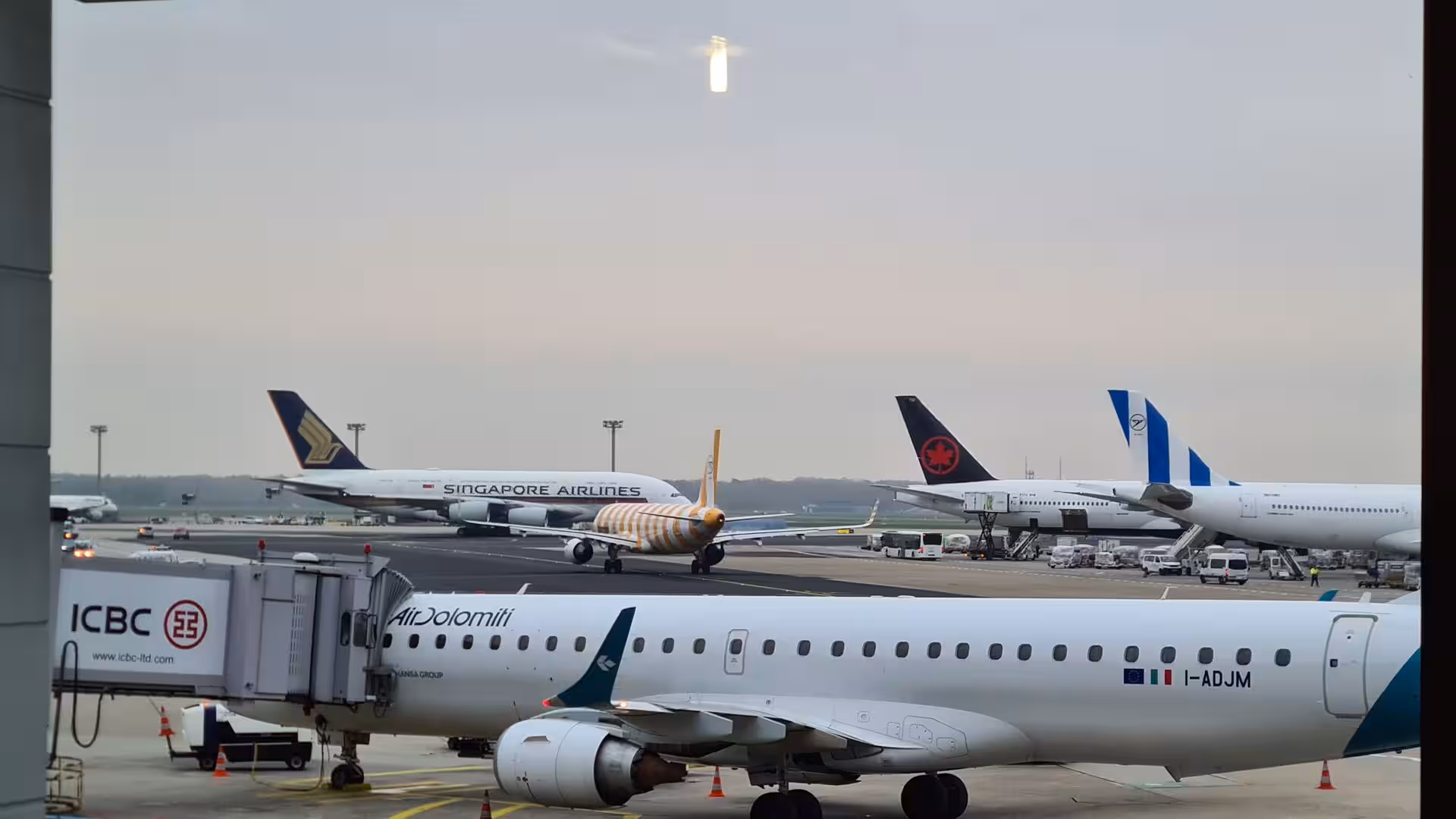 Several passenger jets from different airlines stand lined up on an airport apron in the evening light.