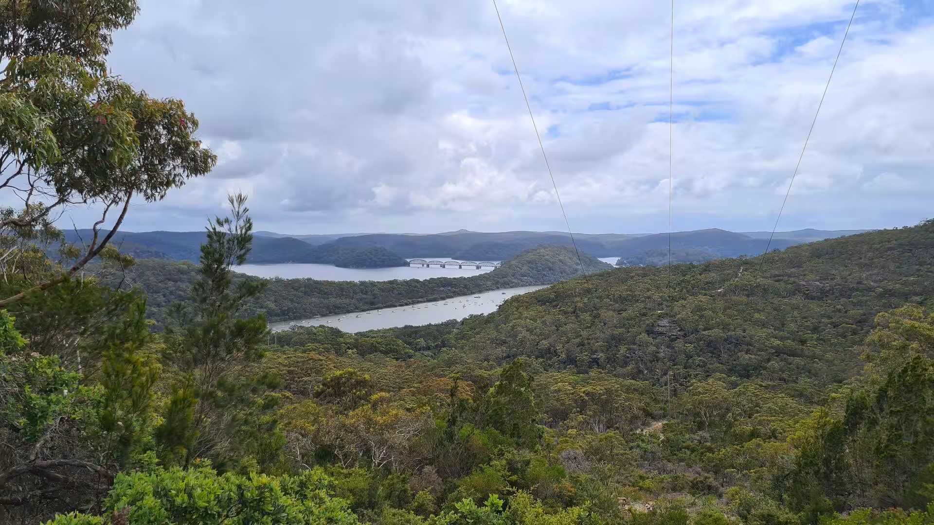 From a wooded lookout, a river threads through green hills toward a distant arch bridge.