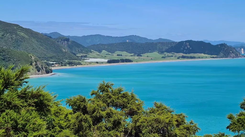 A vivid turquoise bay curves beside sandy shoreline and forested hills.