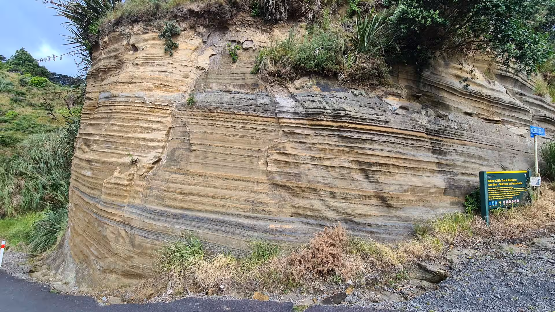 A stratified sandstone cliff rises steeply beside the road.