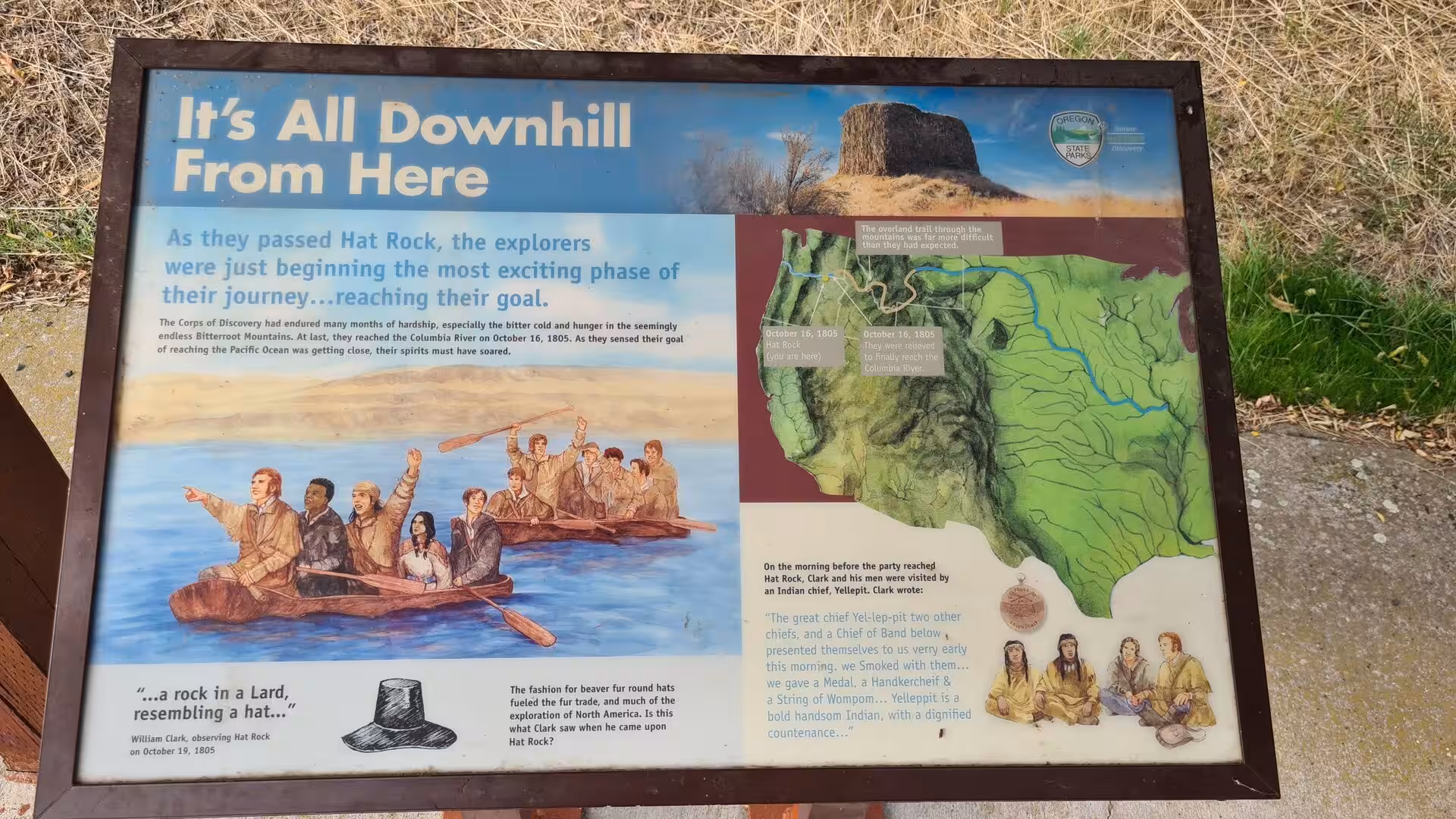 Interpretive sign about the Lewis and Clark expedition near Hat Rock State Park in Oregon