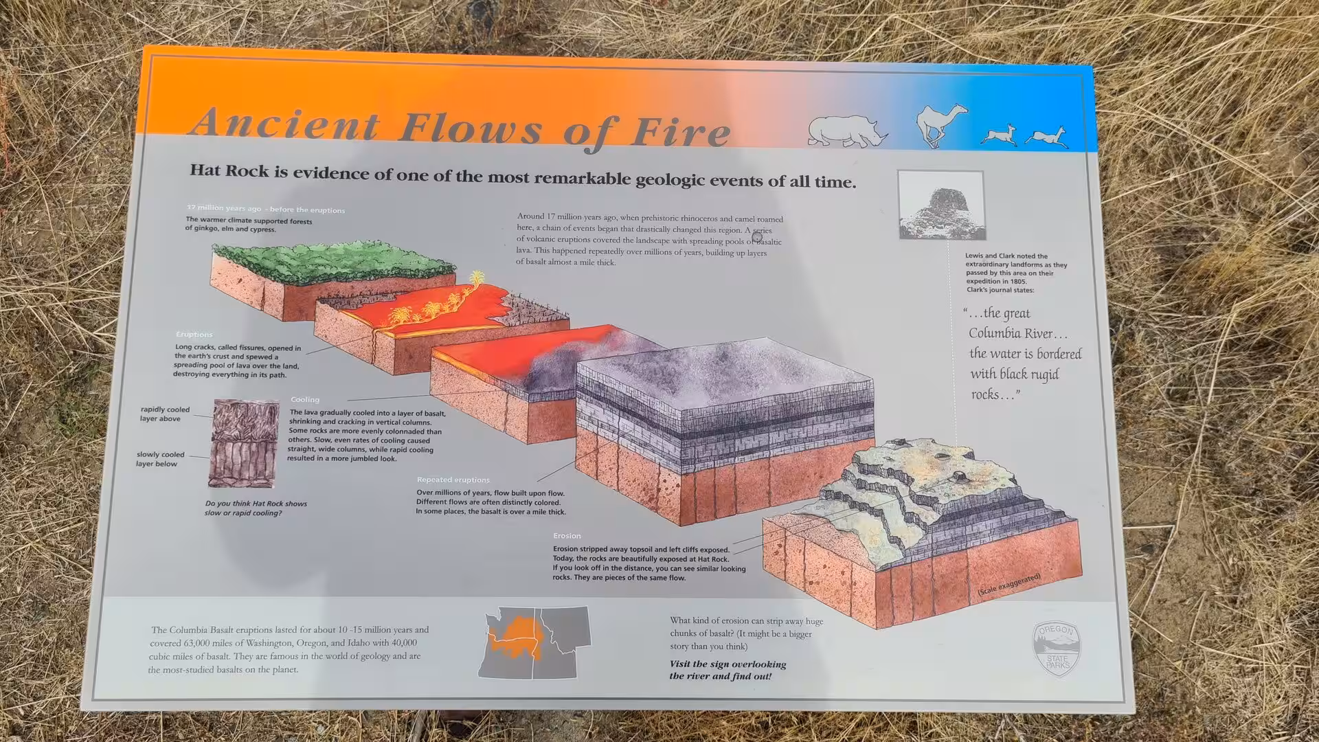 Interpretive geology sign explaining the volcanic origins of Hat Rock and the Columbia River Basalt Group