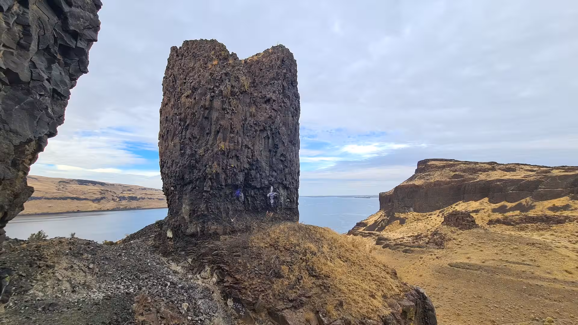 Towering basalt rock pillar overlooking the Columbia River canyon in eastern Oregon