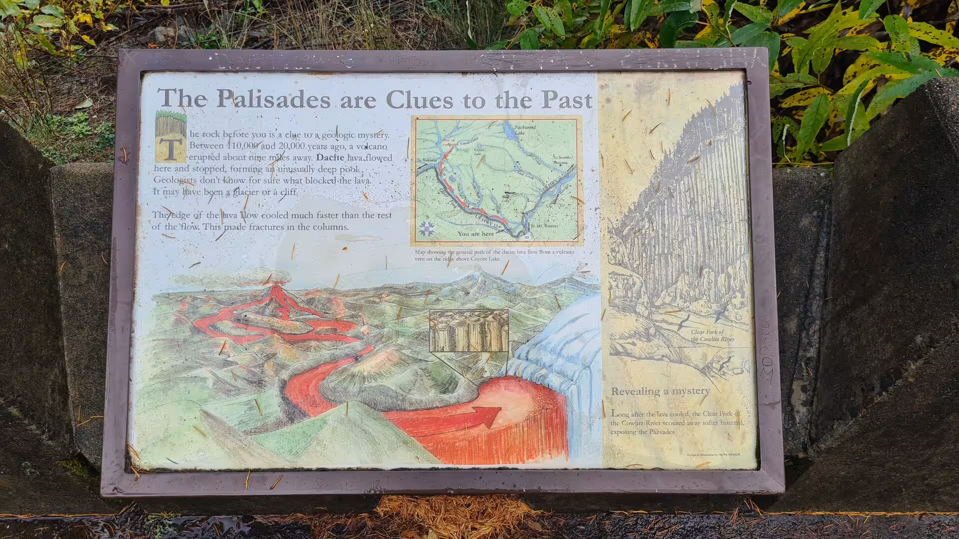 Interpretive sign explaining volcanic lava flows and basalt palisades near the Cowlitz River in Washington State