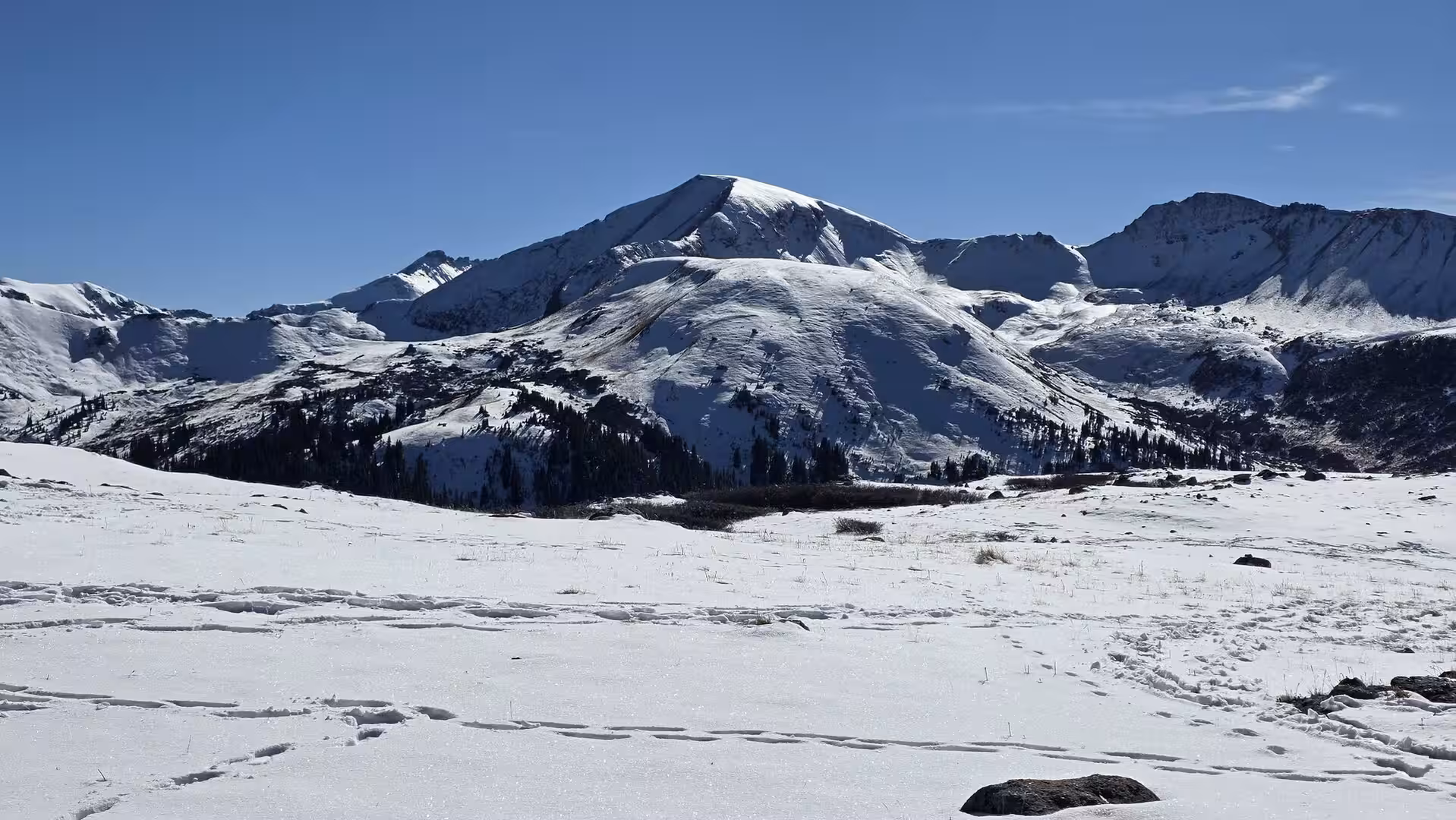 Wide alpine landscape with snow-covered mountain peaks and open snowy terrain beneath a deep blue sky