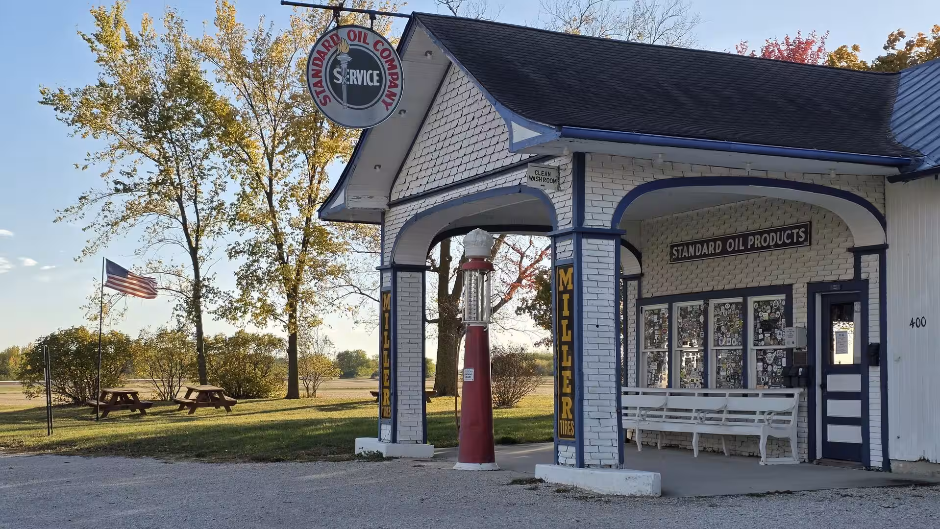 Historic Standard Oil gas station building along Route 66 in rural Illinois.