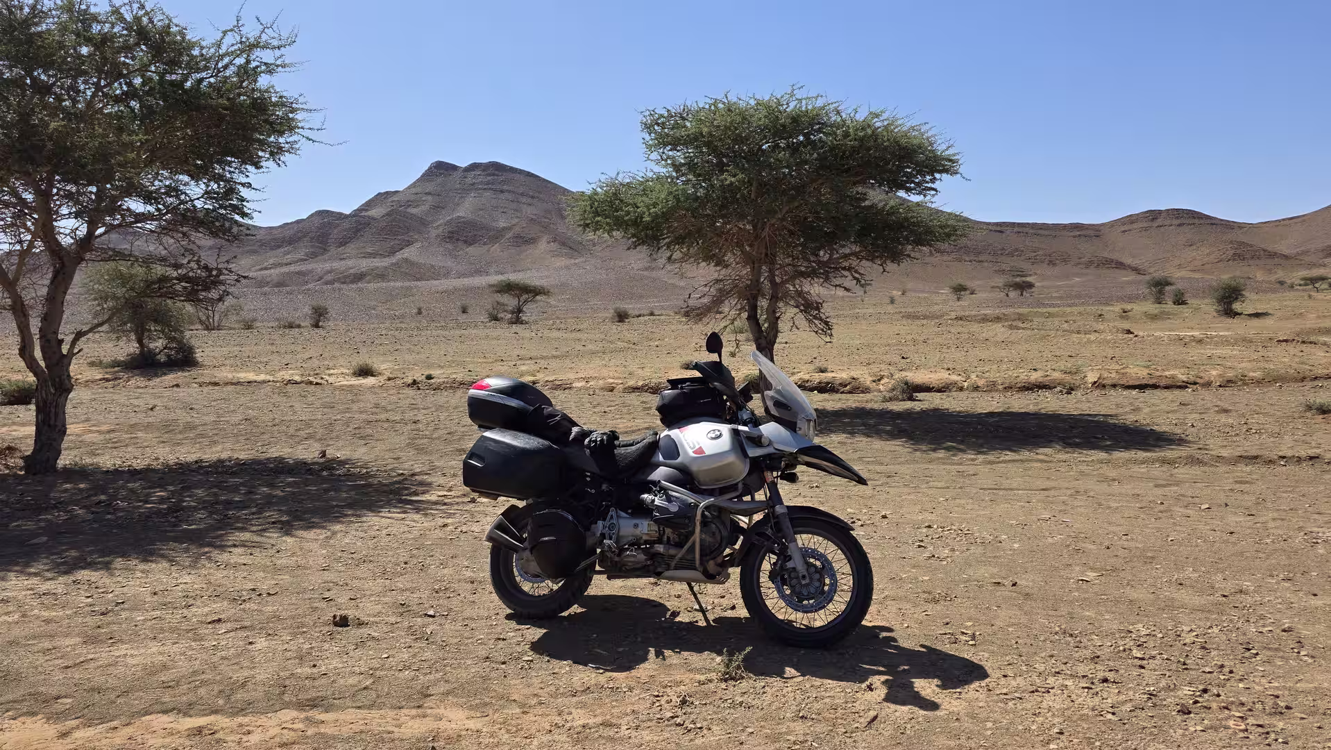 Adventure motorcycle parked beneath sparse trees in an arid landscape with rocky desert mountains in the background.