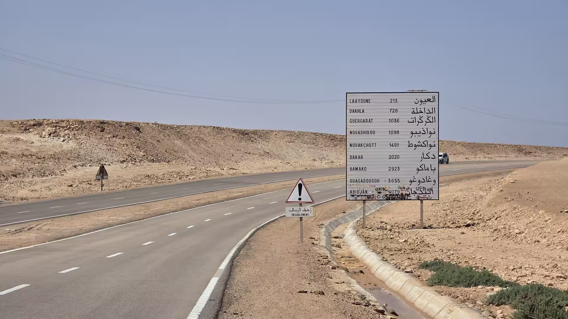Road sign in southern Morocco listing distances to destinations including Laayoune, Dakhla, Nouakchott and Dakar beside a highway crossing an arid desert landscape.