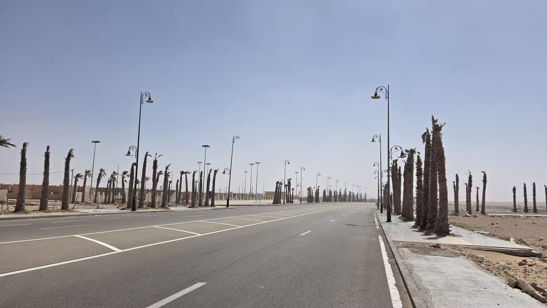 Wide boulevard lined with palm trees and decorative street lamps in Tarfaya, southern Morocco, under a clear desert sky.