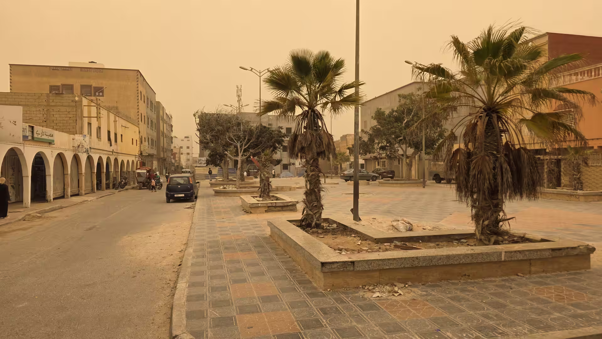 Urban square with palm trees, surrounding buildings and orange dust haze covering the sky in Dakhla.