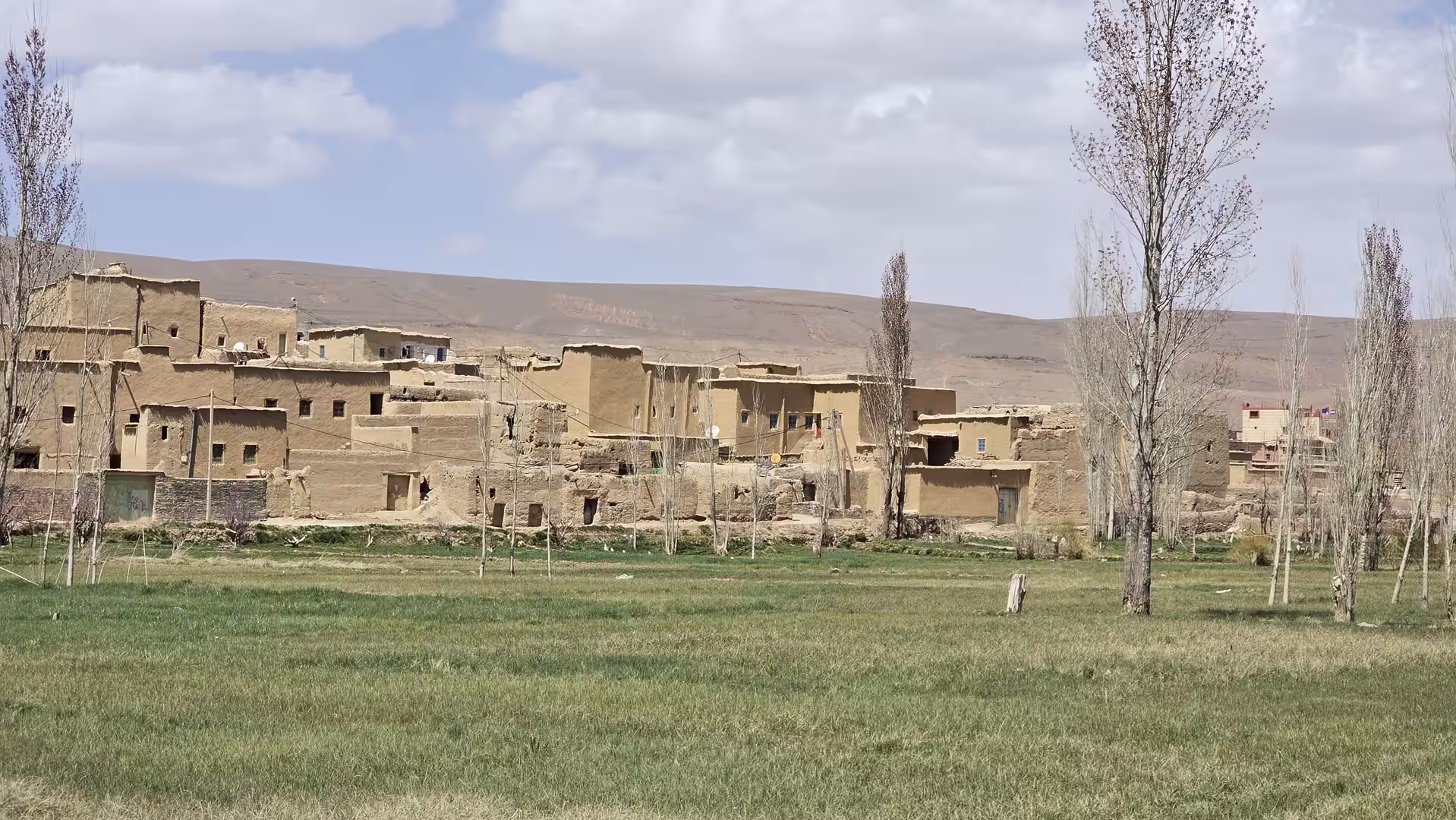Traditional earthen village bordered by green agricultural fields and tall poplar trees, set within a broad semi-arid mountain valley under a cloudy sky.