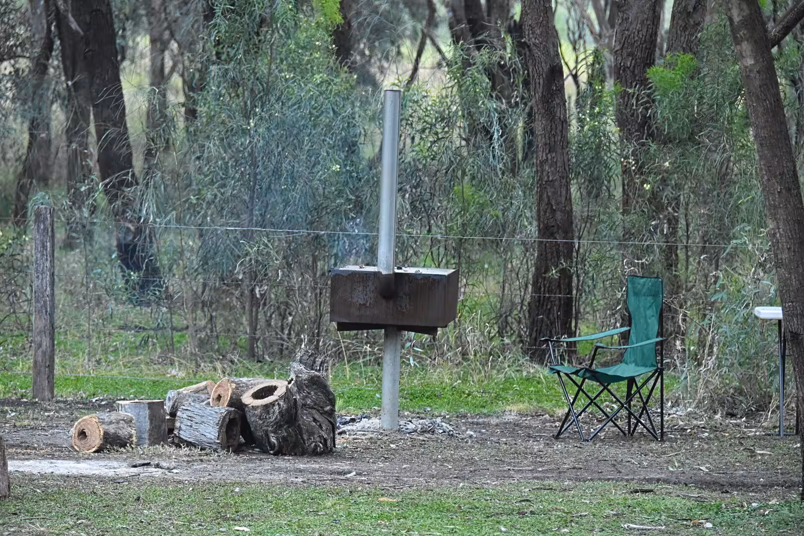 A metal barbecue, chopped firewood and a green camp chair sit in a woodland clearing.