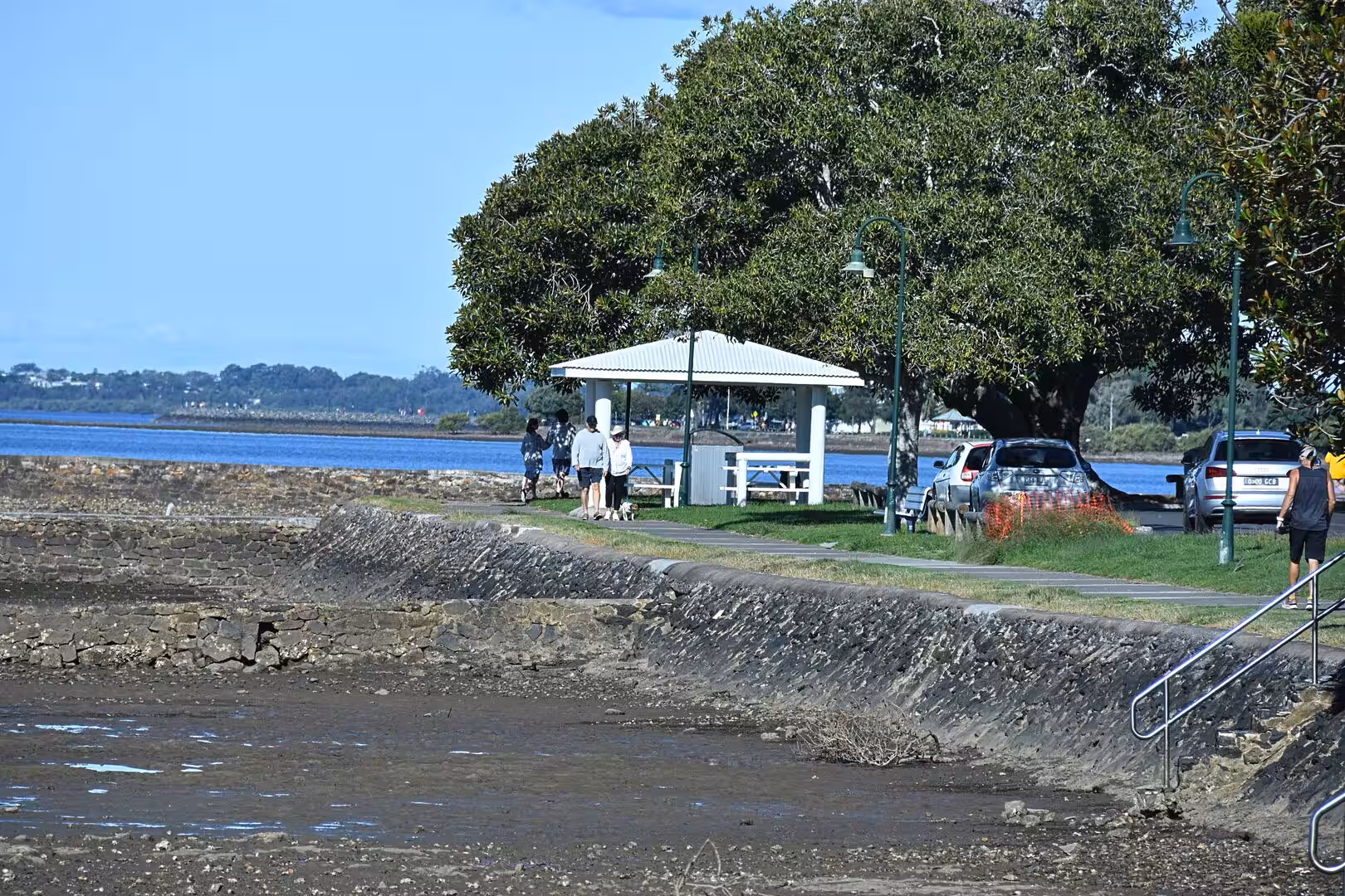 People gather beside a white gazebo under a large tree at a waterside park.