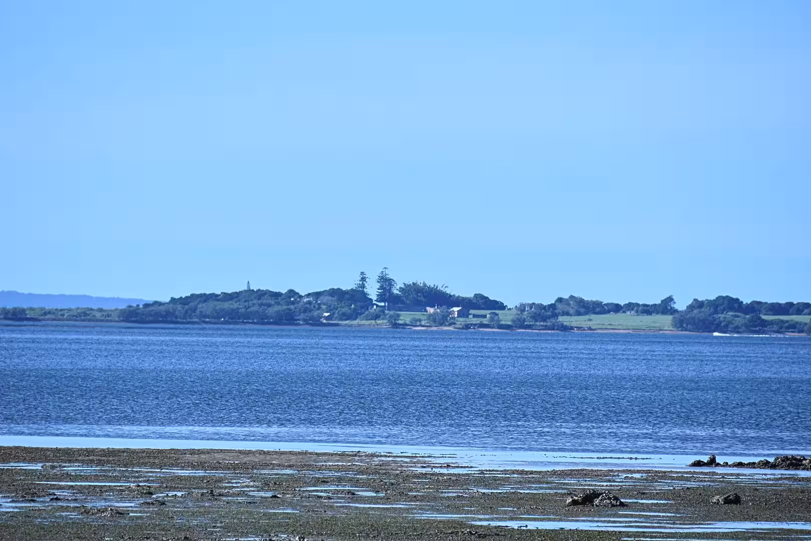 Blue bay water stretches toward a low tree-lined shoreline on the horizon.