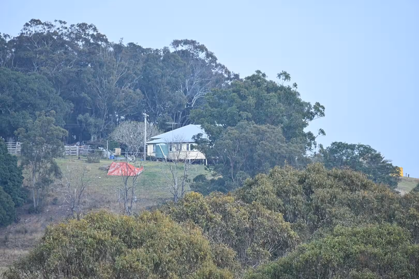 A pale house with a green roof sits among dense trees on a grassy hillside.