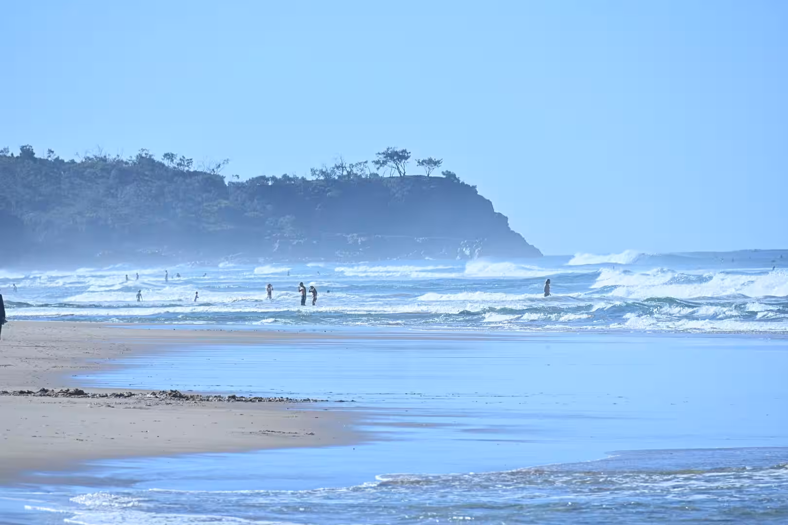Surfers and swimmers ride the break in front of a tree-topped headland as waves reach the wet sand.
