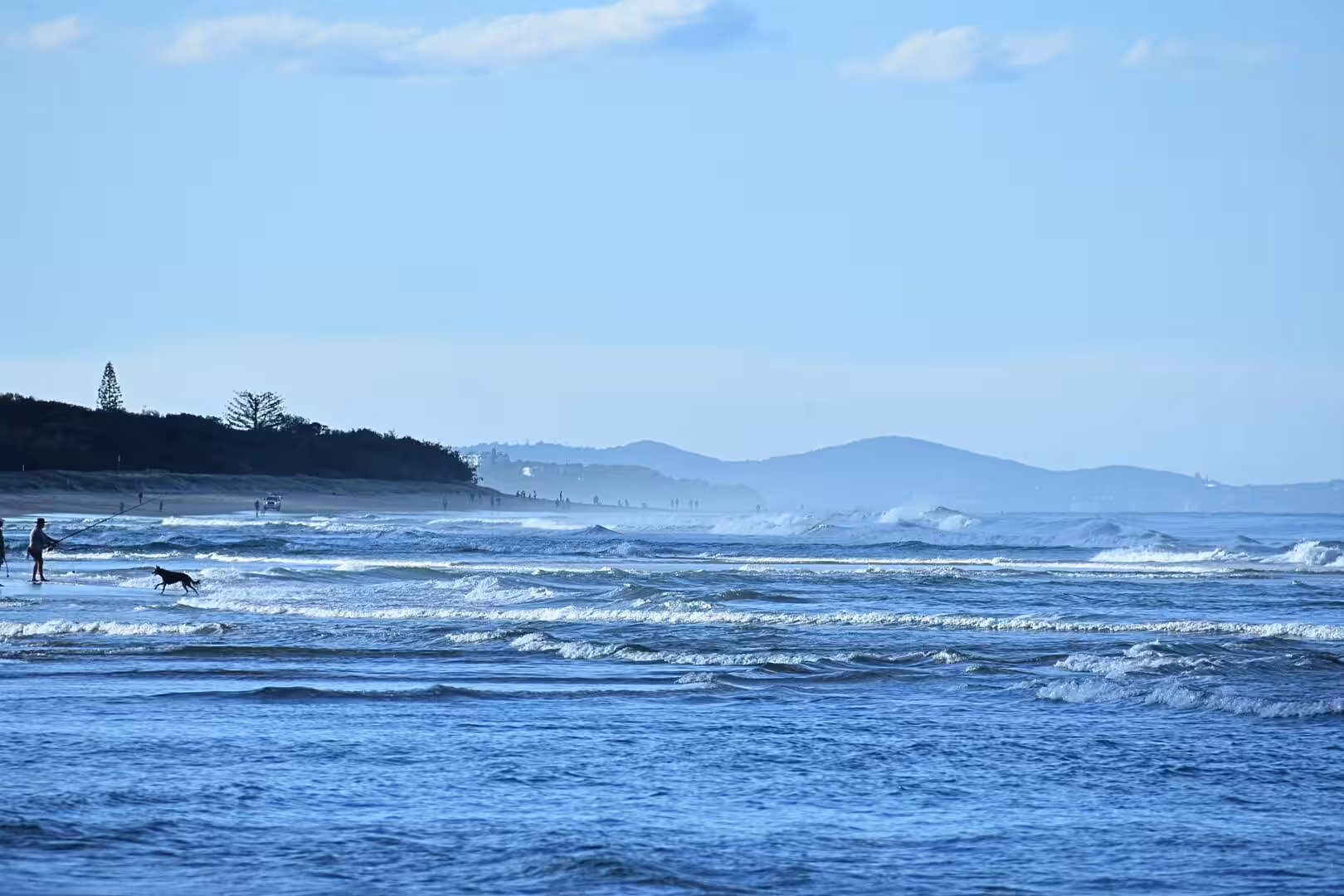 A dog and a person wade in the surf on the far shore of a wide ocean bay.