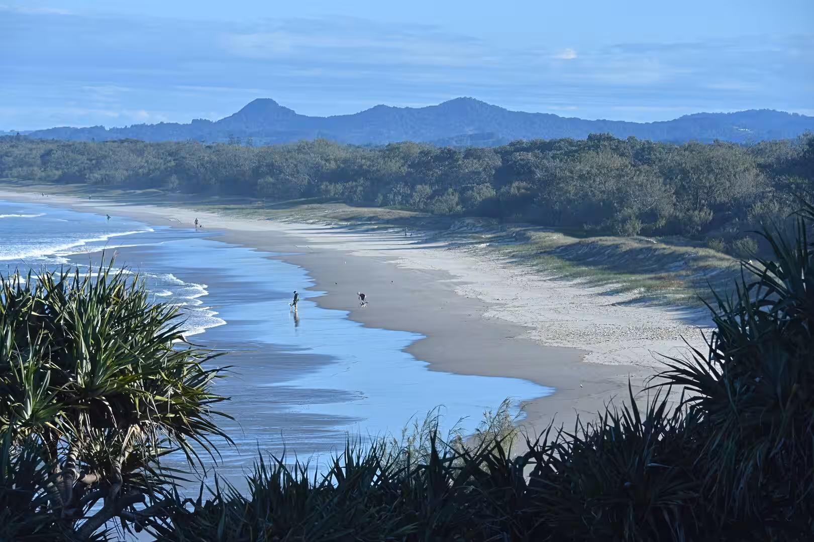 A long beach curves into the distance beneath rolling hills.